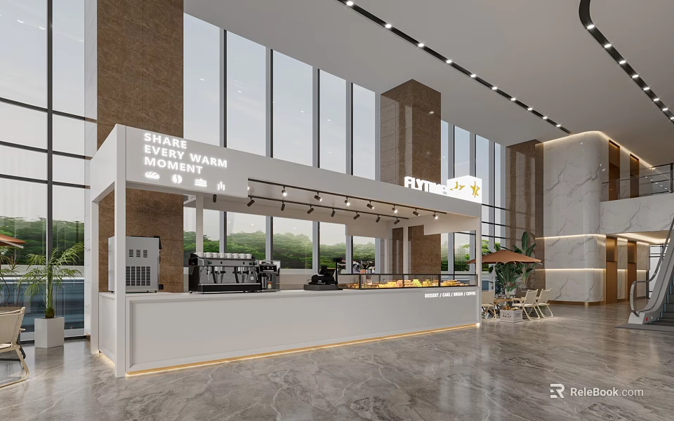 Modern Mall Cafe With White Counter Coffee Machines Large Windows And Warm Atmosphere 3d model 