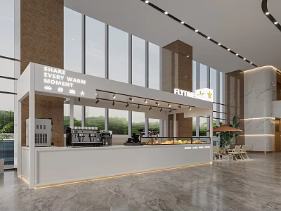 Modern Mall Cafe With White Counter Coffee Machines Large Windows And Warm Atmosphere 3d model