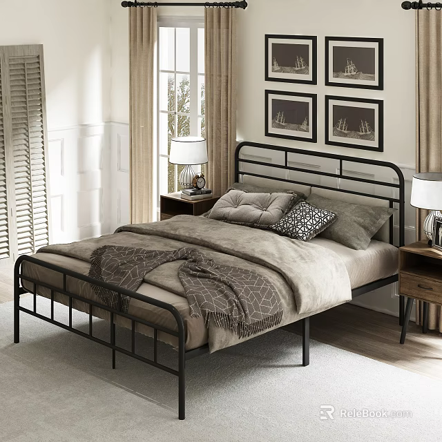 Modern Double Bed with Black Metal Frame Gray Bedding Pillows Nightstands and Table Lamps 3d model 