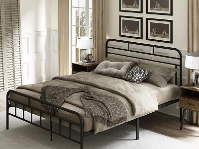 Modern Double Bed with Black Metal Frame Gray Bedding Pillows Nightstands and Table Lamps 3d model