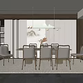 Elegant Modern Restaurant Dining Area With Rectangular Table Beige Chairs And Art Pendant Lights 3d model