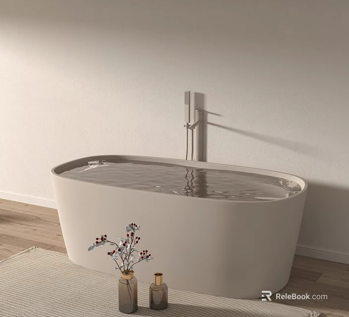 Free Standing White Bathtub with Water Wall Mounted Faucet Flowers on Wooden Floor Light Wall 3d model 