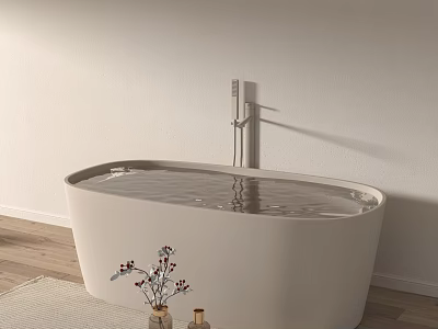Free Standing White Bathtub with Water Wall Mounted Faucet Flowers on Wooden Floor Light Wall 3d model