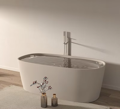 Free Standing White Bathtub with Water Wall Mounted Faucet Flowers on Wooden Floor Light Wall 3d model