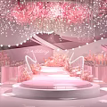 Elegant Pink Banquet Hall Interior With Crystal Chandeliers Round Tables And Flowers
