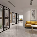 Modern Lobby Interior With Rotating Black Frame Screens Displaying Artworks Marble Floor and Wooden Bookshelves