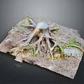 Natural Tree Stump With Exposed Roots And Rustic Stone In Soil With Grass 3d model