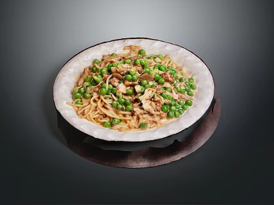 Stir Fried Noodles with Fresh Peas and Mushrooms Served in Ceramic Bowl 3d model