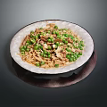 Stir Fried Noodles with Fresh Peas and Mushrooms Served in Ceramic Bowl