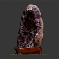 Natural Amethyst Cluster With Purple Crystals On Wooden Display Base