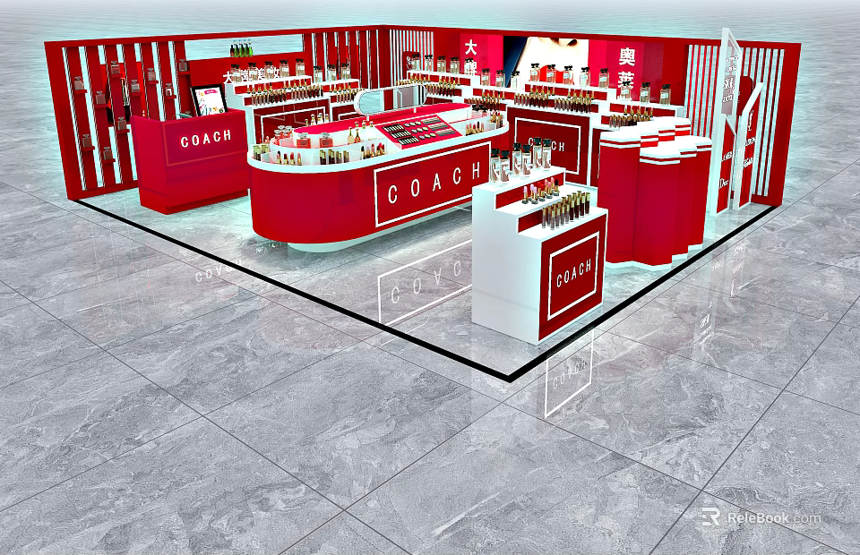 COACH Store Display Area With Red Counters And Merchandise On Marble Floor 3d model