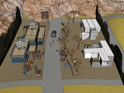 Modern Container Buildings Layout With Mountain View Outdoor Trees And Pathway 3d model