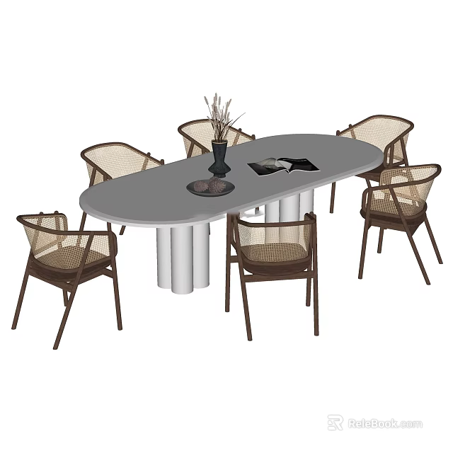 Oval Gray Dining Table Set With Six Rattan Backrest Chairs Vase And Magazine On Top 3d model 