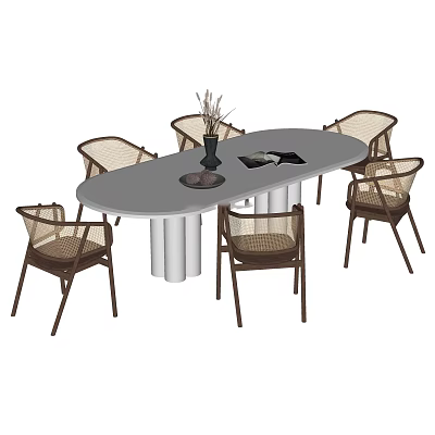 Oval Gray Dining Table Set With Six Rattan Backrest Chairs Vase And Magazine On Top 3d model
