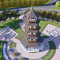 Scenic Circular Plaza Landscape With Pagoda Tower Greenery Trees Flower Beds Walkways And Seats