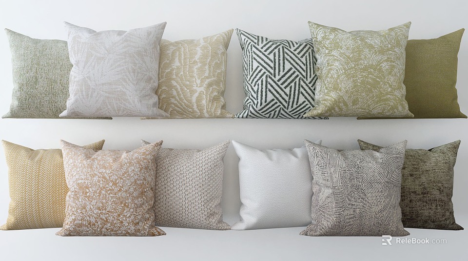 Modern Decorative Throw Pillows With Geometric And Textured Patterns On Display Shelf 3d model 
