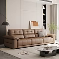 Modern Leather Three Seater Sofa In Minimal Living Room With Floor Lamp And Green Plant
