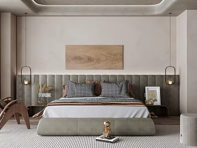 Modern Bedroom Interior With Upholstered Headboard Checkered Pillows Wooden Artwork And Pendant Lights 3d model