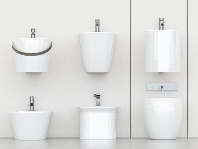 Modern White Bathroom Fixtures With Wall Mounted Toilets And Pedestal Sinks 3d model