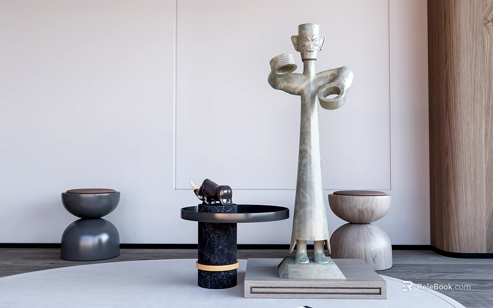 Artistic Sculpture Carving With Modern Design Decorative Bases And Small Table In Indoor Space 3d model 