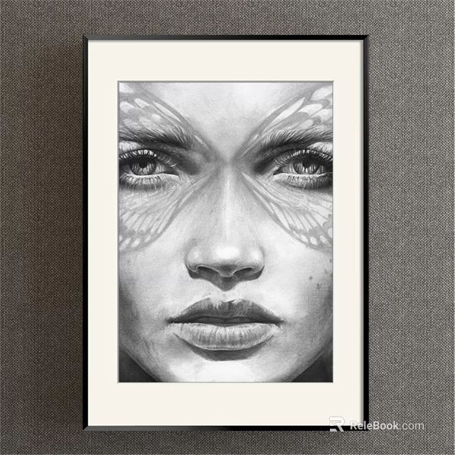 Black and White Sketch Portrait of Female with Butterfly Wings Above Eyes in Black Frame 3d model 