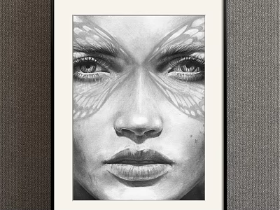 Black and White Sketch Portrait of Female with Butterfly Wings Above Eyes in Black Frame 3d model