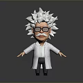 Man In Cartoon Style With White Spiky Hair Glasses Mustache White Lab Coat Arms Outstretched