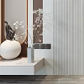 Modern Bedroom Accent Wall Design With Abstract Artwork Textured Surface Pendant Light And Decorative Vase