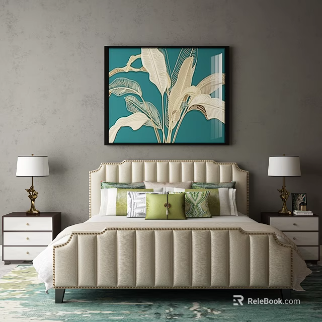 Double Bed with Tufted Headboard Decorative Pillows Bedside Tables Lamps and Leaf Painting on Wall 3d model 