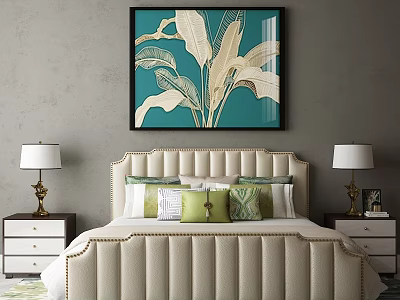 Double Bed with Tufted Headboard Decorative Pillows Bedside Tables Lamps and Leaf Painting on Wall 3d model
