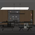 Modern Tea Room Interior With Wooden Walls Long Table Tea Sets And Warm Lighting