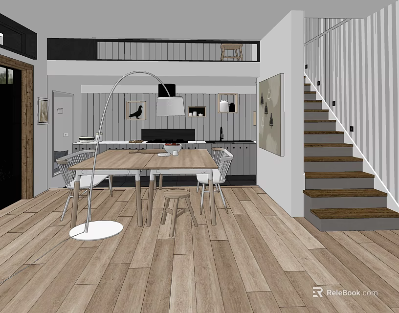 Modern Open Concept Kitchen Interior With Dining Table Chairs Hanging Lights And Cabinets 3d model