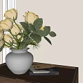 Yellow Roses In Silver Vase With Green Leaves On Wooden Table Indoor Decor
