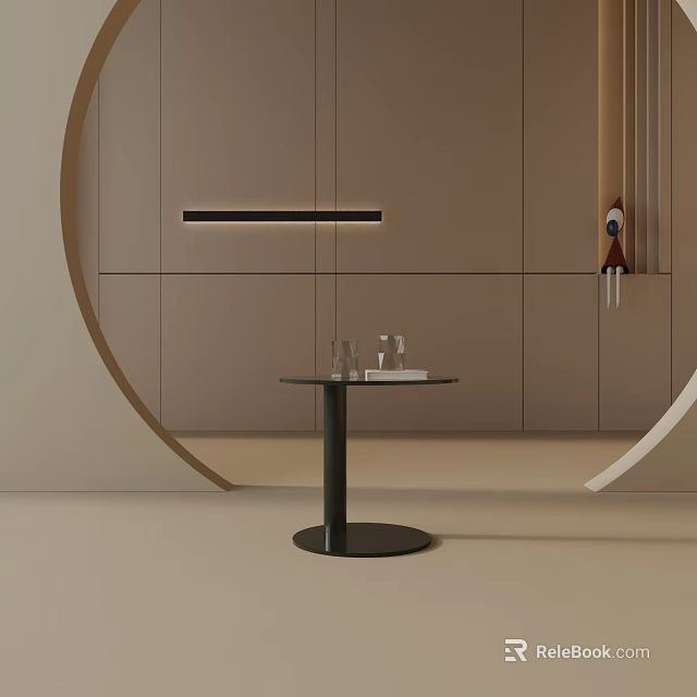 Modern Black Round Side Table With Glass Cups And Book In Light Brown Cabinet Interior 3d model 