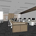 Modern Public Office Space with Desks Computers Office Chairs Large Windows Linear Lights Carpeted Floor