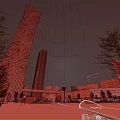 Urban Night Landscape With Illuminated Skyscrapers Green Trees And Open Square