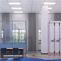 Industrial Space With Blue Wall White Staircase Metal Railing And Wooden Table