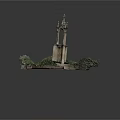 Decorative Tower Model With Circular Paved Ground And Surrounding Green Plants