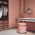 Pink Walk in Closet Interior Design With Glass Door Wardrobe Round Mirror And Pink Stool