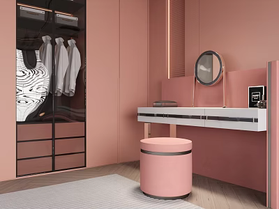 Pink Walk in Closet Interior Design With Glass Door Wardrobe Round Mirror And Pink Stool 3d model