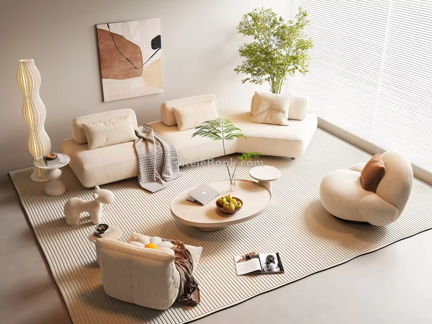 Modern Cream Style Sofa Coffee Table Combination Fabric Multi-person Sofa Corner Sofa Cream Style Coffee Table Caterpillar Lazy Man Sofa Cream Style Floor Lamp Cream Style Hanging Picture 3d model