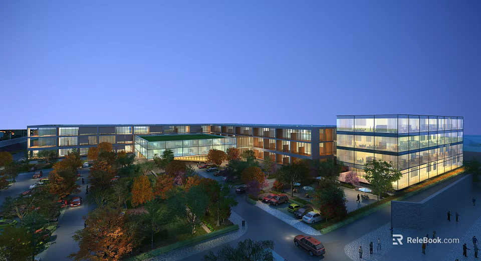 Aerial View Planning of Modern Commercial Complex with Glass Facades Landscaped Gardens and Parking Area 3d model 