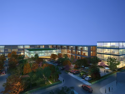 Aerial View Planning of Modern Commercial Complex with Glass Facades Landscaped Gardens and Parking Area 3d model