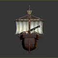 Wooden Sailing Ship with White and Green Striped Sails Yellow Flag and Detailed Wooden Structure