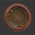 Red Wooden Circular Decorative Stand With Carved Patterns And Metal Inlay
