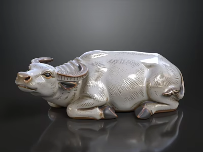 White Ceramic Reclining Ox Ornament Decoration Set with Textured Surface for Home Decor 3d model