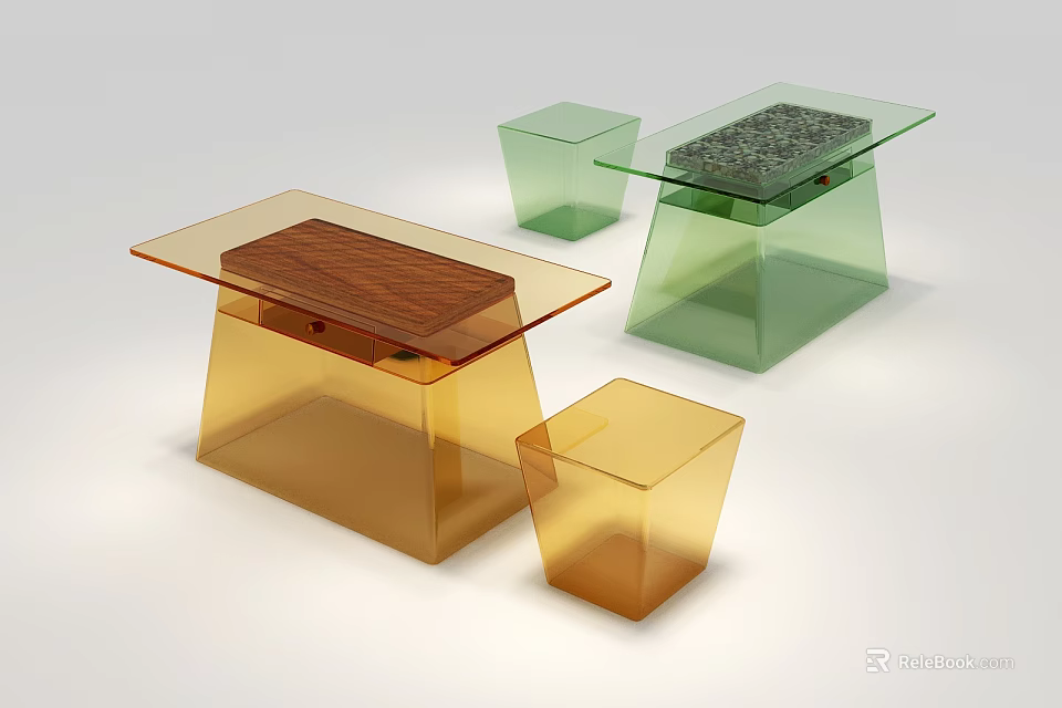 Modern Transparent Acrylic Table And Stool Set With Wooden Top And Colorful Design 3d model 