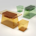 Modern Transparent Acrylic Table And Stool Set With Wooden Top And Colorful Design