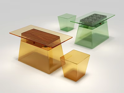 Modern Transparent Acrylic Table And Stool Set With Wooden Top And Colorful Design 3d model