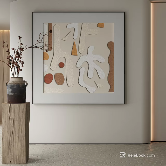 Abstract Painting with Irregular Shapes and Neutral Tones on Beige Wall with Wooden Pedestal Vase 3d model 